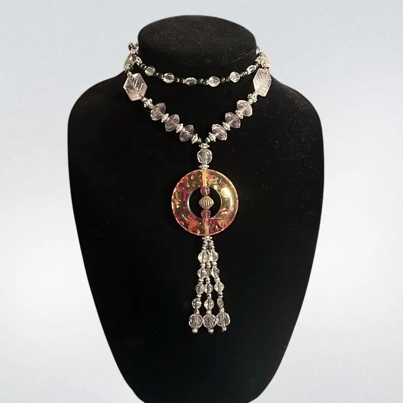 Vtg. Lucite Beaded Necklace Lavender Silver Tone | 26”