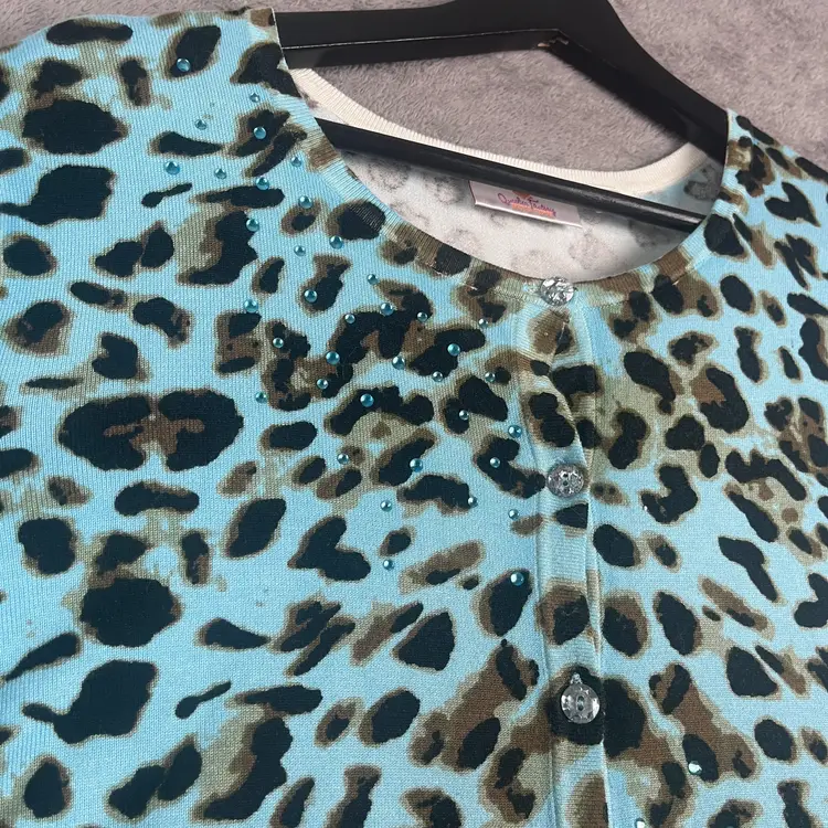 Quacker Factory Cardigan Womens PTP 22" Size L Blue Leopard Rhinestone Embellished Glam