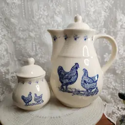Blue chicken coffee pot and sugar Bowl