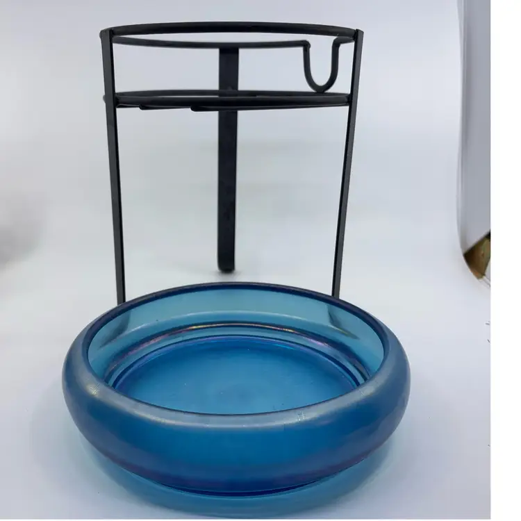 Blue Iridescent Glass Bird Bath Planter With Stand 11H 8.5W