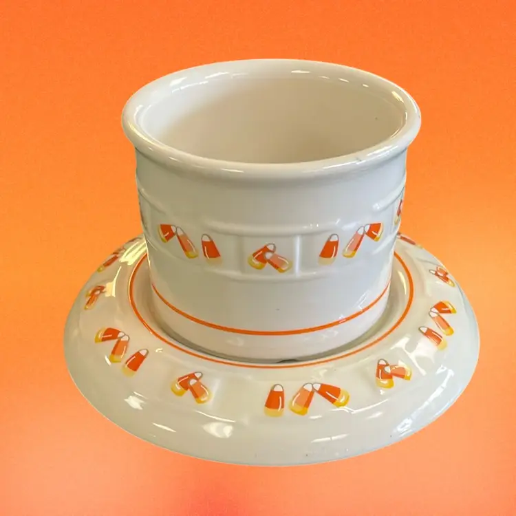 Longaberger Pottery Candy Corn Crock And Base Set