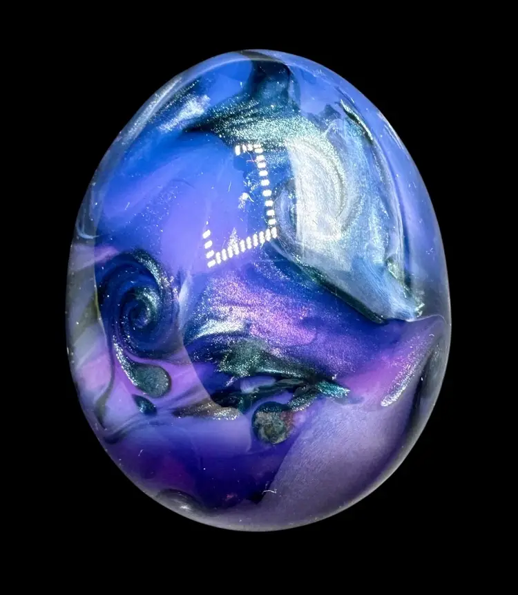 Kristi Macdonald Art Glass Egg 1.58” Purple Galaxy Swirl Metallic Shimmer Blue