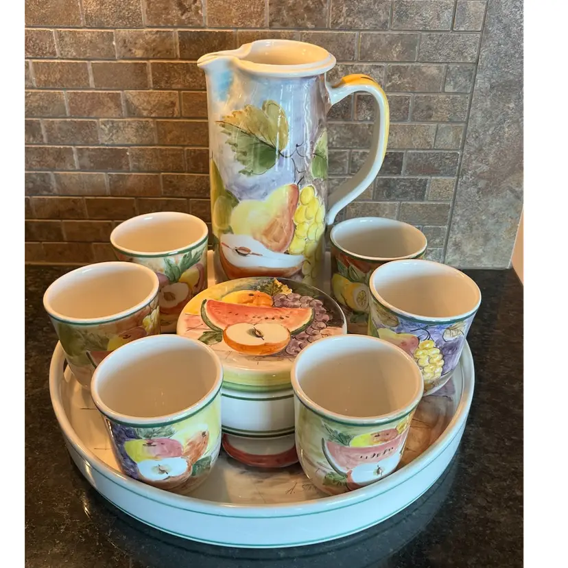Vintage Hand Painted Italian Pottery Set Serving Tray Pitcher Cups And Covered Snack Bowl Nove, Italy 