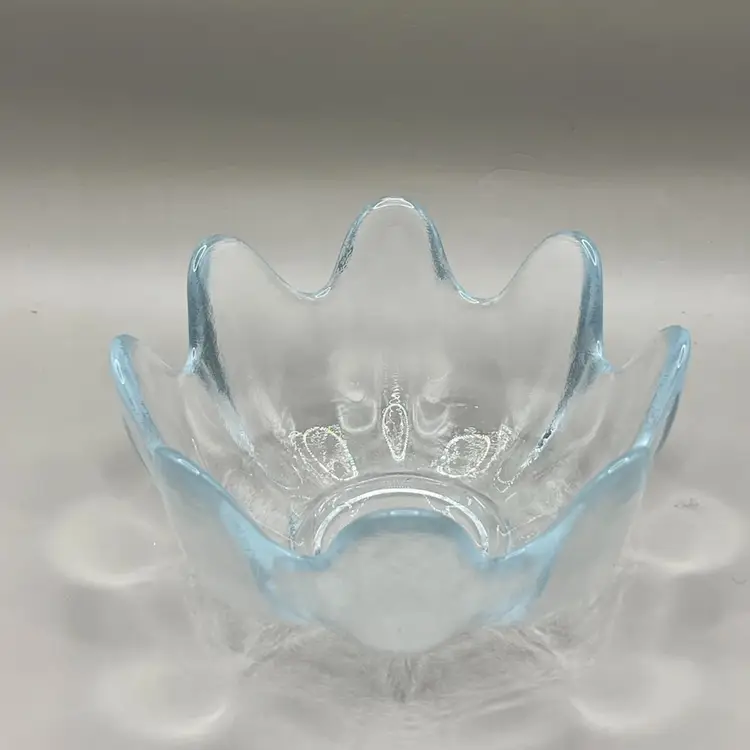 MCM Blenko Ice Blue Glass Lotus Flower Bowl Slight Glow To Blacklight 5.5”