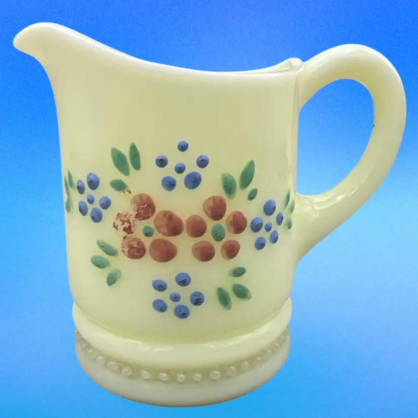 Vintage Custard Glass Creamer Hand Painted GLOWS 2.75” Tall