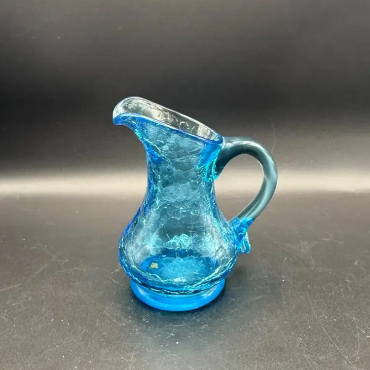 Vintage Blue Crackle Glass Pitcher - Glows Green under 365 UV light.