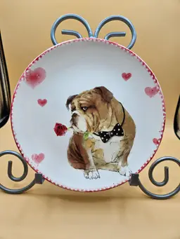 Pier 1 Bulldog Valentine's Day Plate 8.75", Ironstone, Hearts, Dog