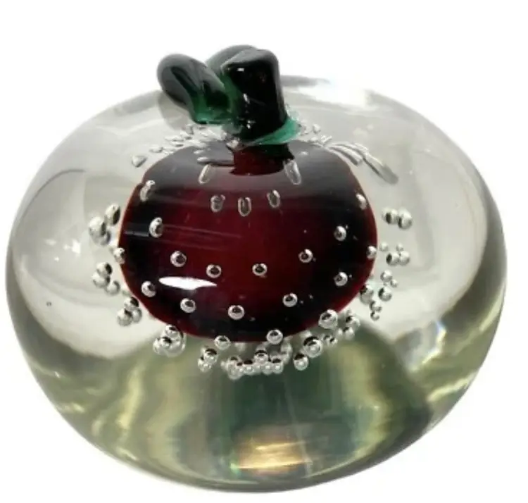 Apple Paperweight Clear Glass Red Sommerso Controlled Bubbles