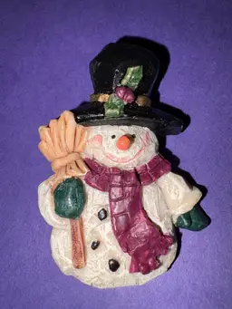 Vintage Christmas Snowman Tack Pin ~ Resin With A Black Top Hat And Dark Red Scarf ~ Carrying A Broom ~ Adorable