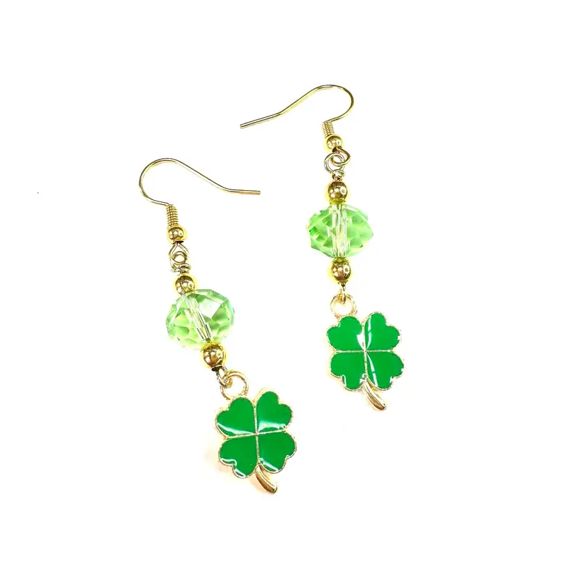 St. Patrick’s Day Lucky Four Leaf Clover Earrings Kelly Green Gold Tone 2” Made By Me