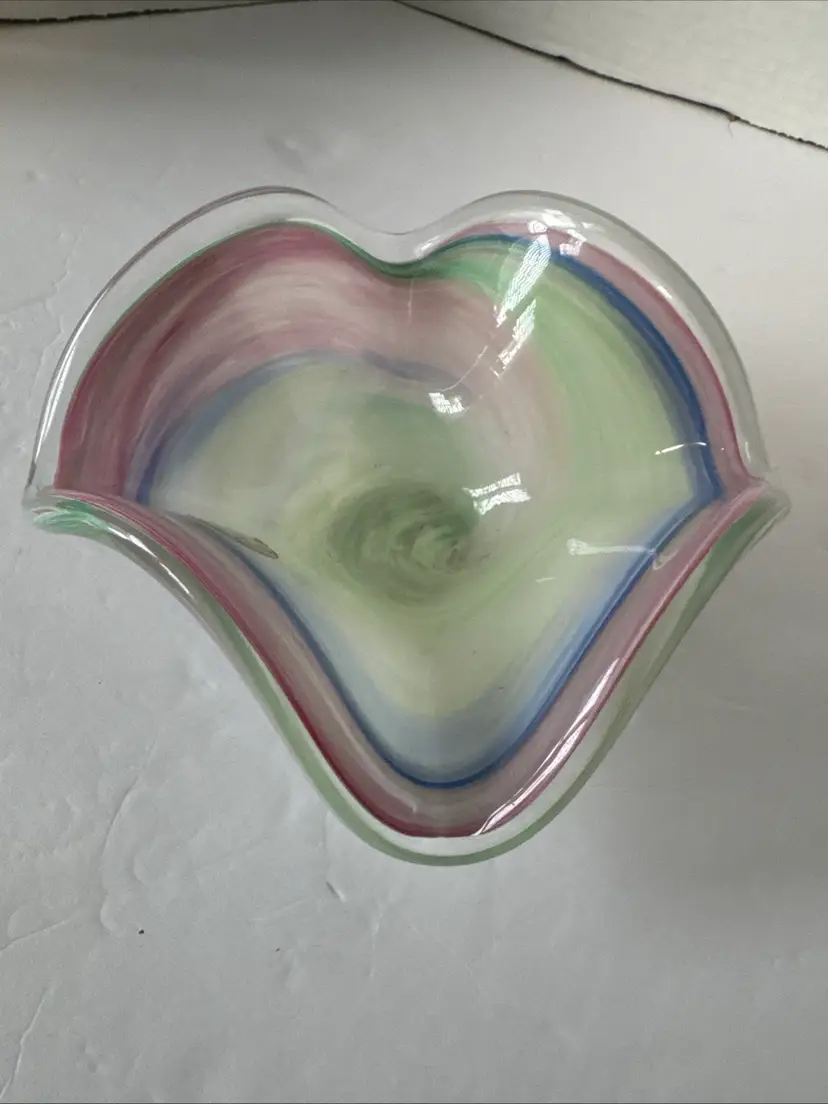 Murano Style Rainbow  Aventurine Swirl Art Blown Glass Bowl Crystal Italy