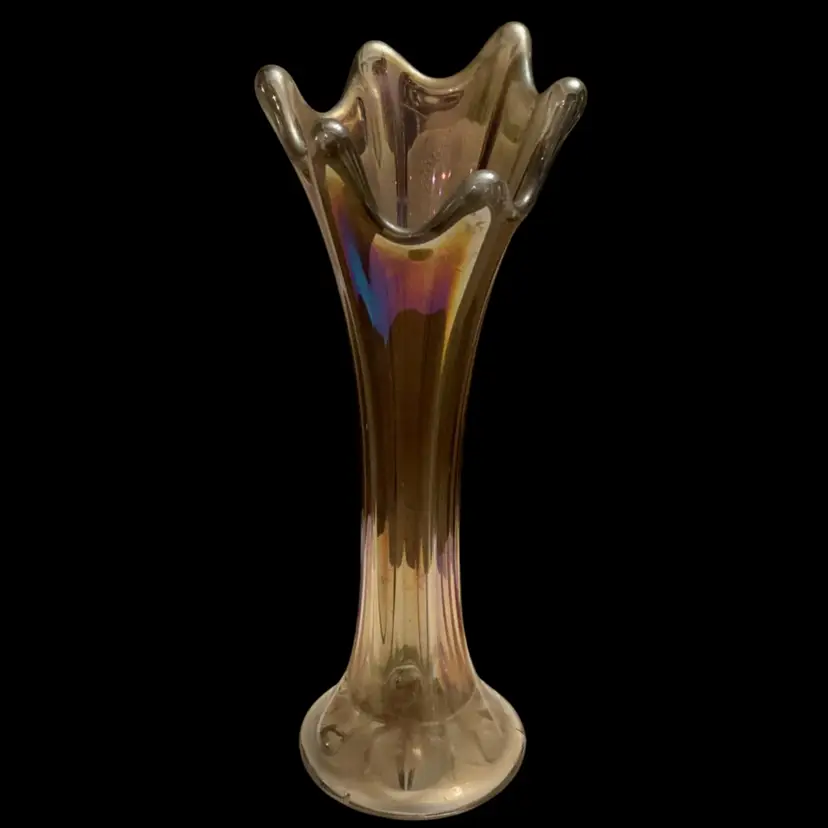 Vintage Imperial Glass Iridescent Carnival Glass Swung Vase 7.5”. x 3”