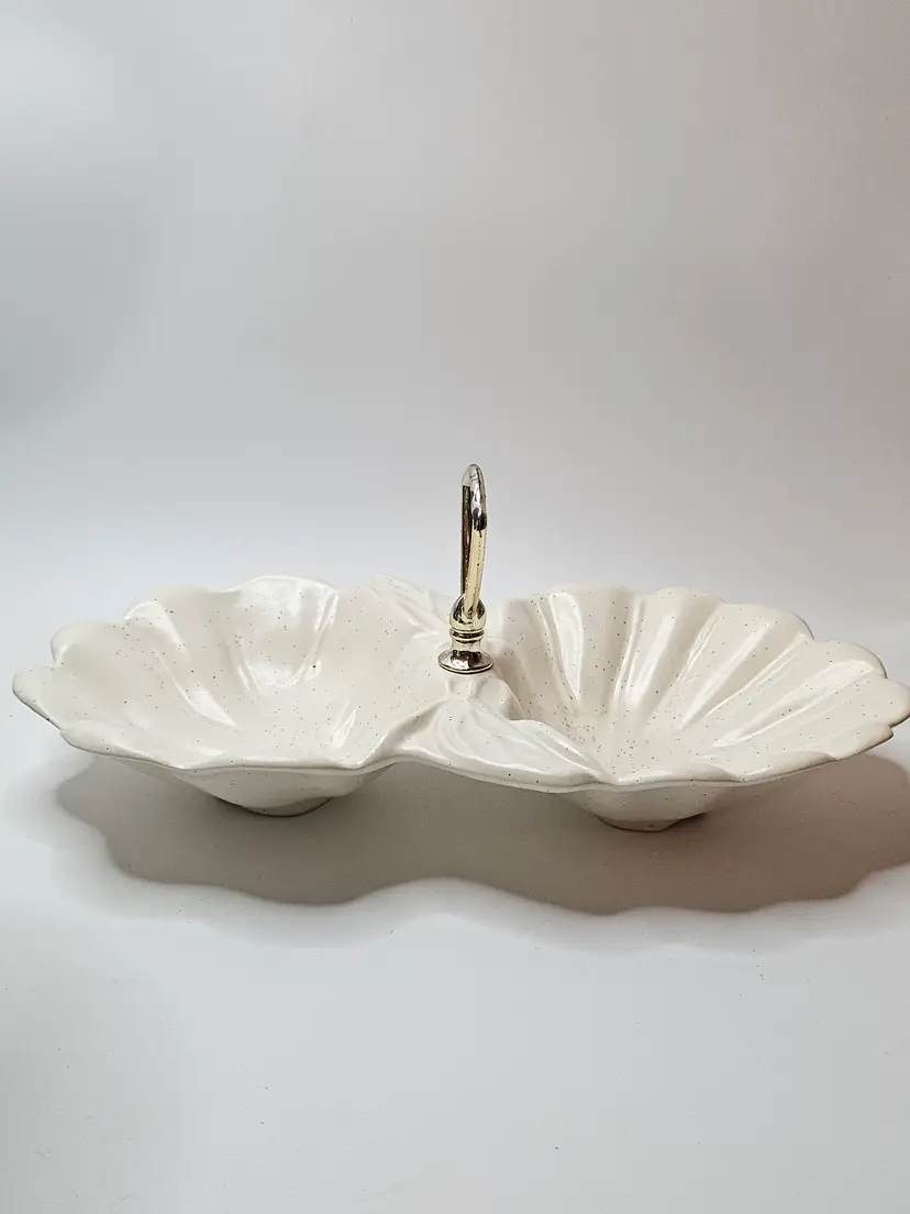 Vintage MCM California Pottery USA B-R 21-18 Dual White Scalloped Dish Handle