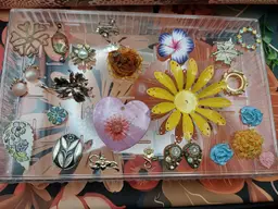 Flower Power Vintage Craft Lot of Jewelry with Celluloid, Rhinestones, Shell, Ceramic, Resin, and Metal Parts and Pieces