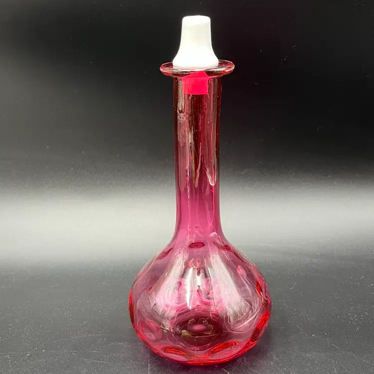FENTON Vtg MCM Art Glass Cranberry Thumbprint Coinspot Barber Bitters Bottle