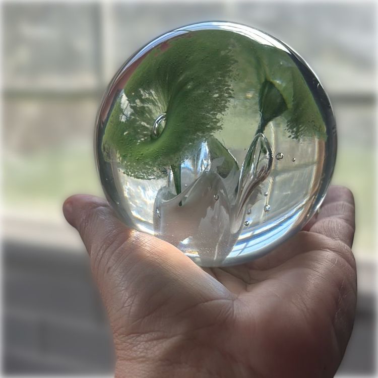 Paperweight With Green Florals And Controlled Bubble Bottom Has A C Signed On It 3 1/2” Tall & 3 1/2” Wide