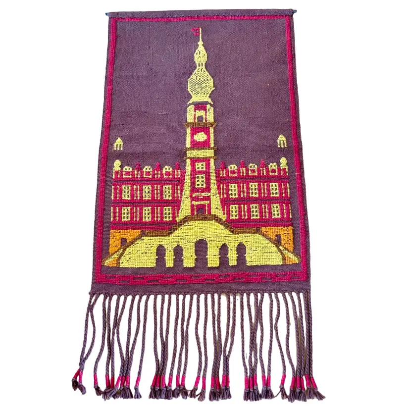Vintage Cepelia Tapestry Poland Castle Palace Scenery Wool Kilim Polish Wall Hanging Handwoven Folk Art 24” x 46”