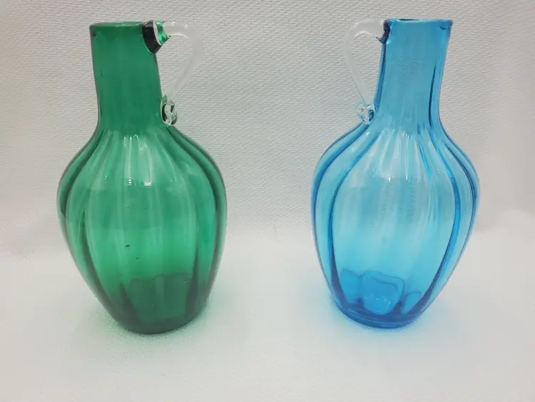 Beacon Glass Co. OMN No. 123 Blue and Green Optic Barrel Jug Mid-Century Set