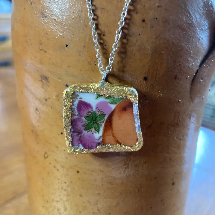 Broken Pottery Artisan Made Flower Pendant Fruit Plate Handcrafted Necklace 1 in x 7/8 in