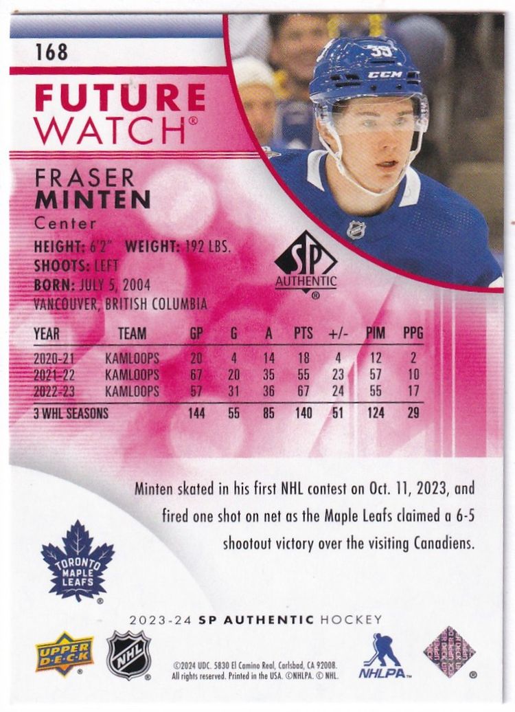 2023-24 SP Authentic Limited Red #168 Fraser Minten FW Toronto Maple Leafs Hockey Card
