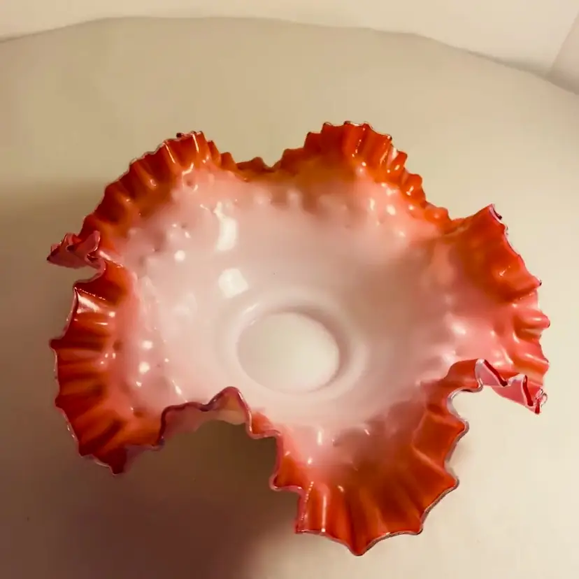 #0410 Pink Ruffled Bride's Bowl Opalescent  Hobnail Dish Crimped Edge