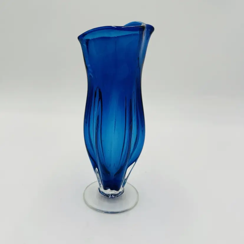 Vase Italian 7.5” Hand Blown Art Glass Ruffle Vintage Blue Tall Standing Italy