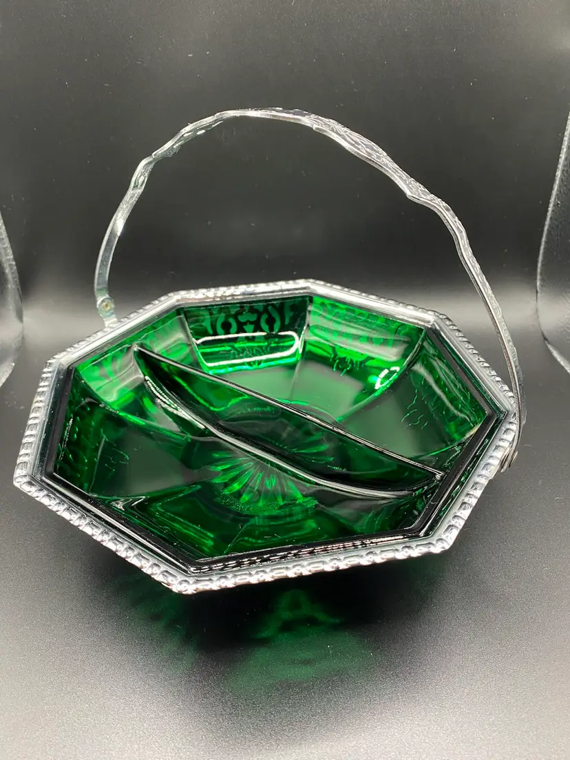 Vintage Green Pressed Glass Candy Dish With Chrome Basket