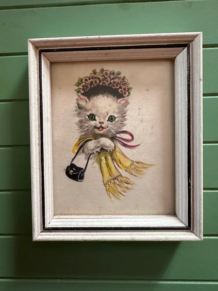 Vintage Cat and Dog With Flowers Prints Framed 4x5 Marked Lambert Product 2 Pcs
