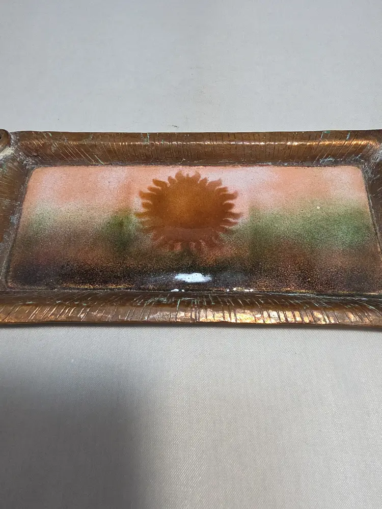 Vintage Copper Enamel Sunflower Tray Dish w Handles 8" (Y)