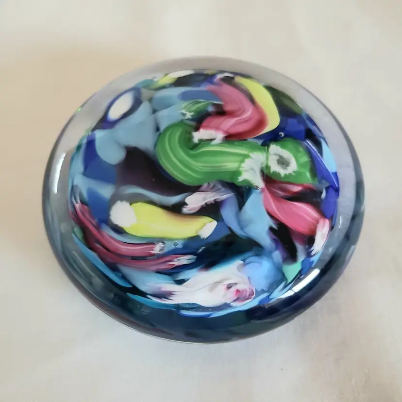 Art Glass Paperweight Swirl Multicolor 3" diameter Signed LF Rough Pontil