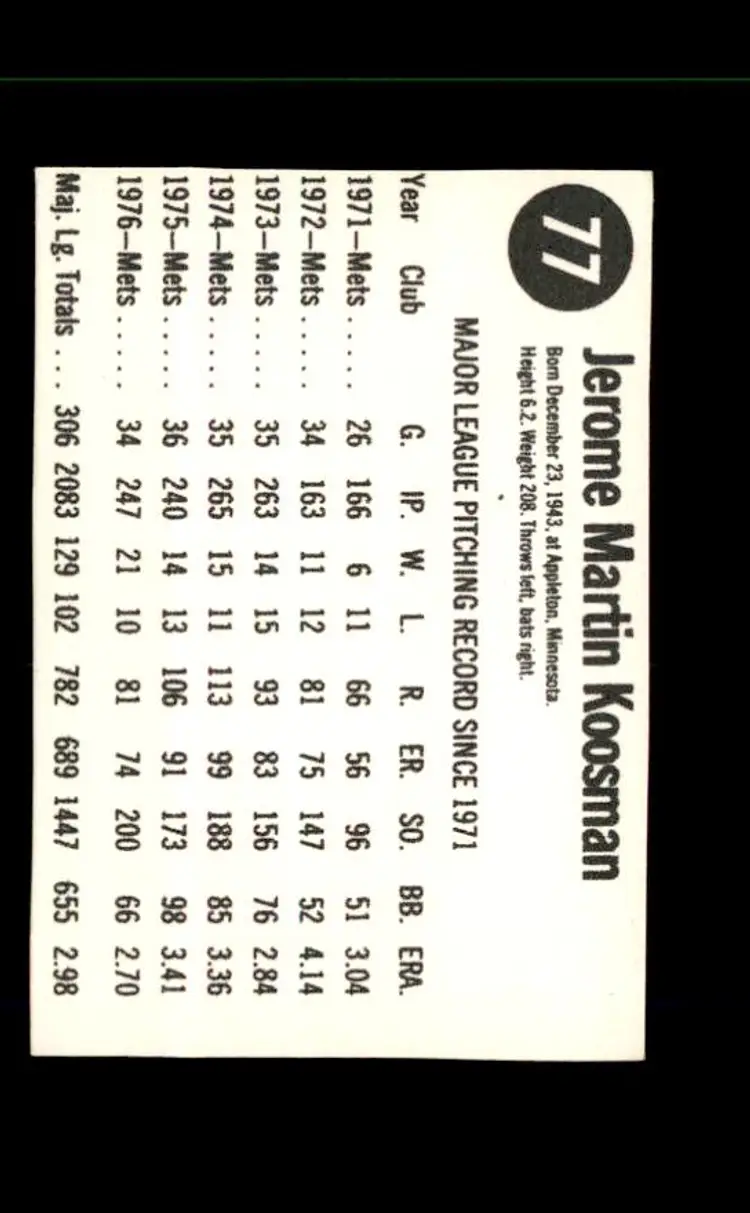 1977 Hostess #77 Jerry Koosman - (pk1) - New York Mets