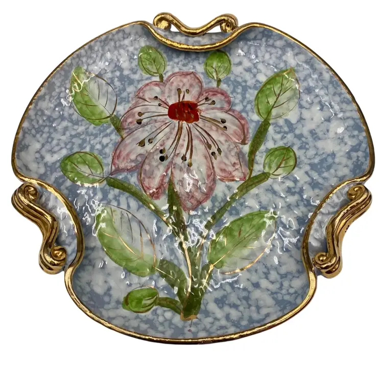 Vintage Hand-Painted Italy 3-Handled Candy/Trinket Dish, Enamelware, Gold Gilt