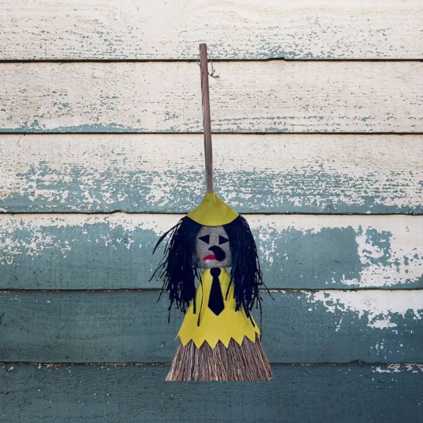 Vintage Handmade Funny Witch Broom Cigarette Hanging Out Mouth Halloween Decor