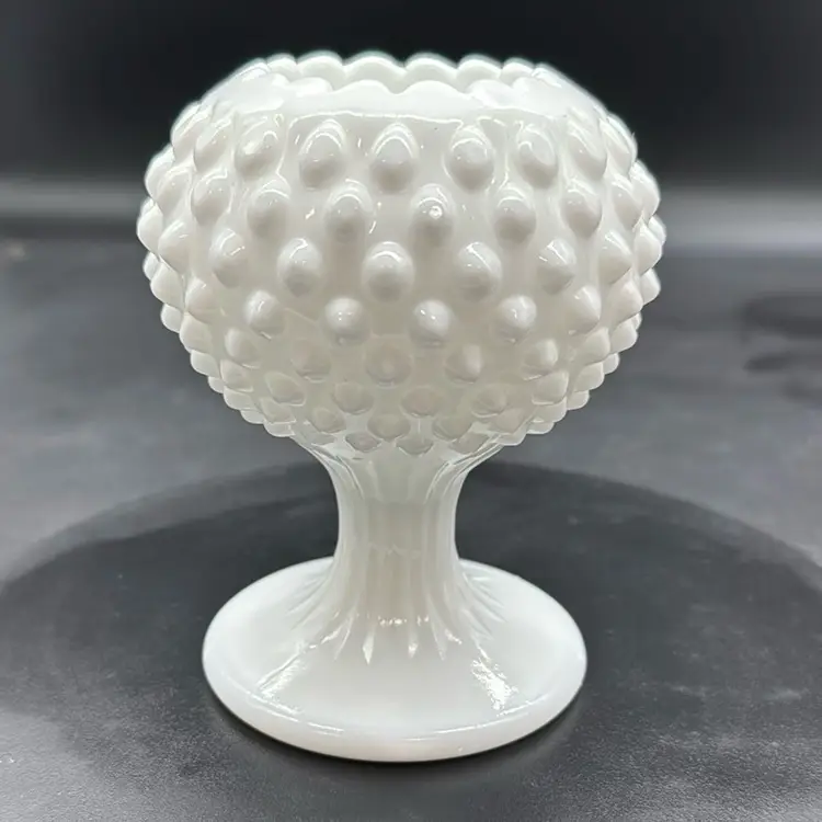 Vintage Fenton Hobnail White Milk Glass Scallopped Pedestal Bowl