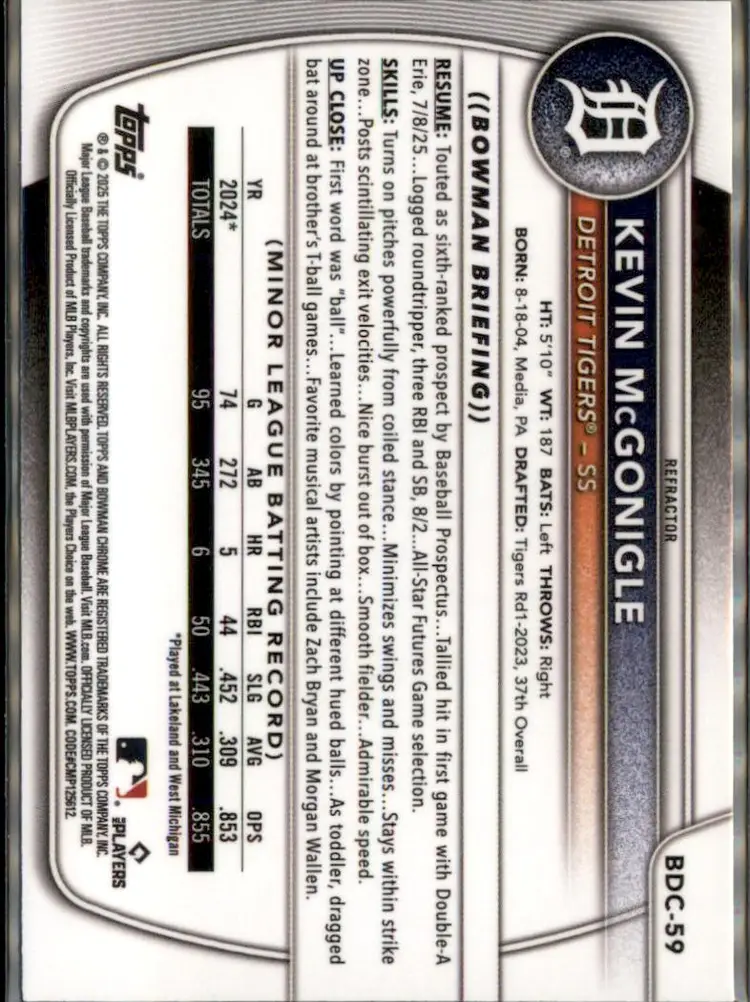 2025 Bowman Draft #BDC-59 Kevin McGonigle Chrome Refractor - (138) - Detroit Tigers