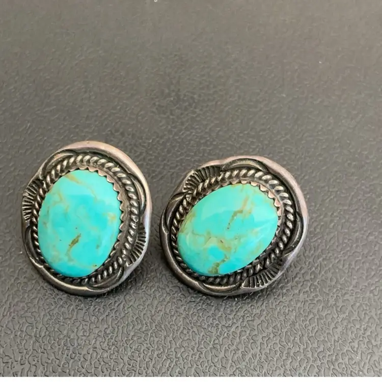 Vintage Navajo Native American Sterling Turquoise Earrings Signed AB