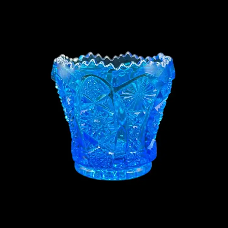 Imperial Glass Daisy And Arches Colonial Blue Sawtooth Toothpick Holder 3” No Noted Flaws Stamped