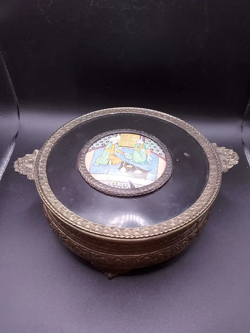 Antique Brass Servware With Glass Divided Dish Lid Asian Scene Heavy As Is