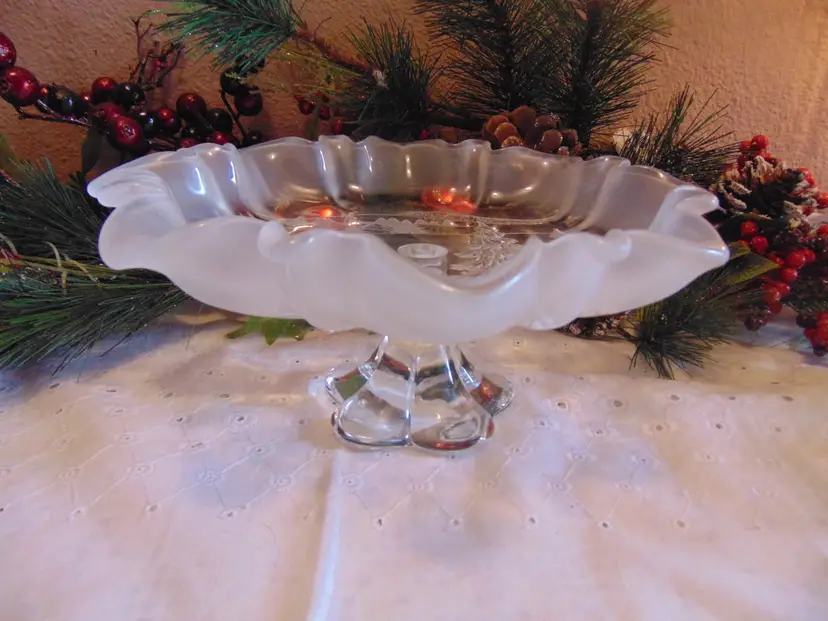 Vintage Pre owned Mikasa Crystal Ruffled Edge Pedestal footed bonbon dish with winter scene.