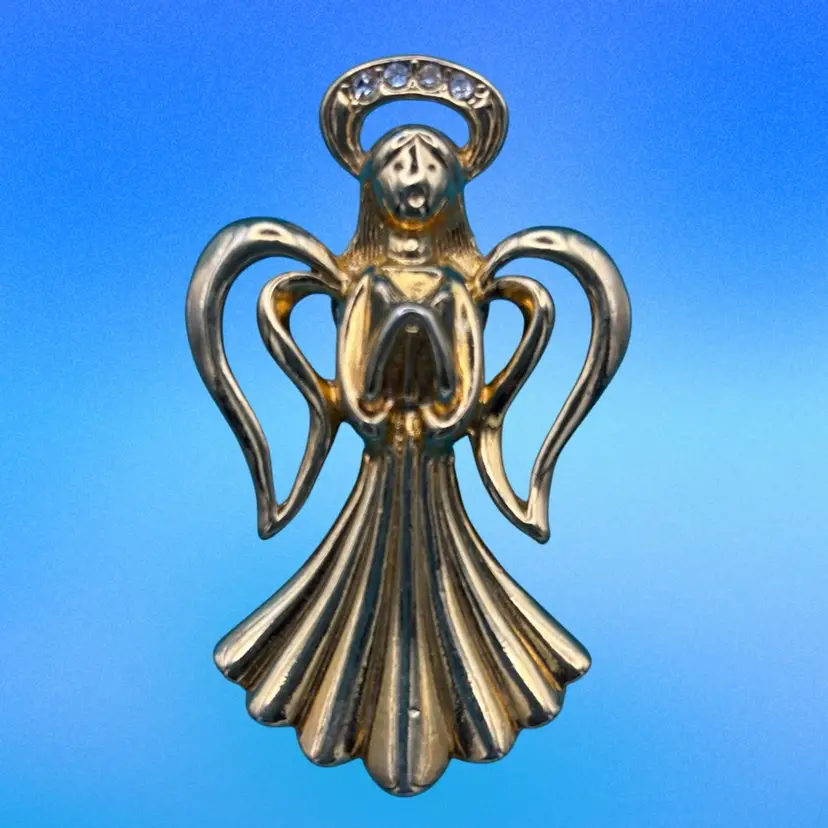 Vintage JJ Jonette Jewelry Gold-Tone Angel Brooch with Rhinestone Halo, Signed