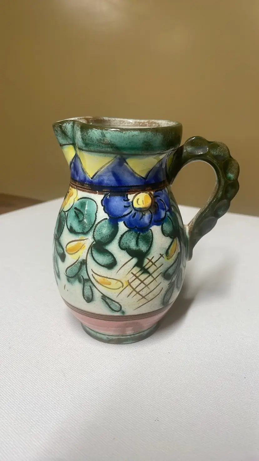 Italian Art Pottery Pitcher Handcarved Handpainted Flower Vase
Signed 