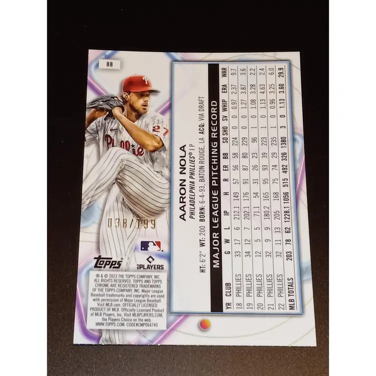 Aaron Nola 2023 Topps Cosmic Chrome #88 Aqua Equinox 038/199 Phillies