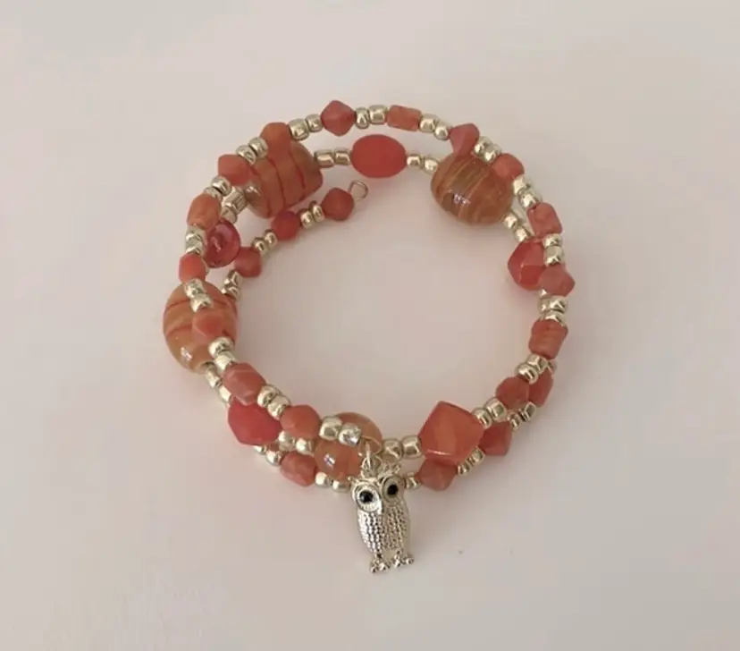New, handmade wrap bracelet, orange and gold beads with gold owl charm