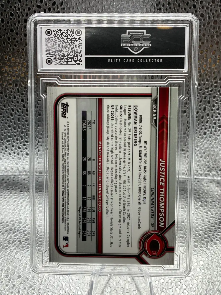 2022 Bowman Chrome Justice Thompson 1st Bowman Orange #BCP-59 Graded ECC 10