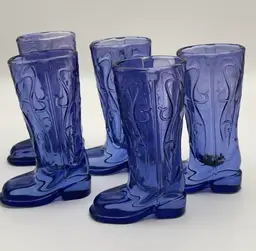 Set of 5, Circleware, “Kick Back”, Bluish Purple, Glass Cowboy Boot Shot Glasses, 1.5 oz., 2 with labels