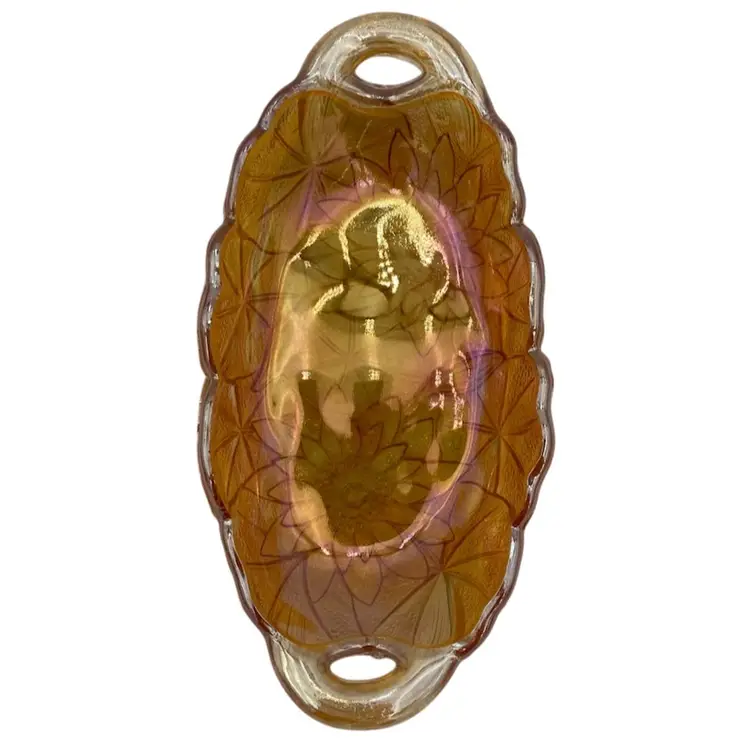 Vintage Indiana Glass Lily Pons Amber Carnival Pickle/Relish Dish, Open Handle 9.5"