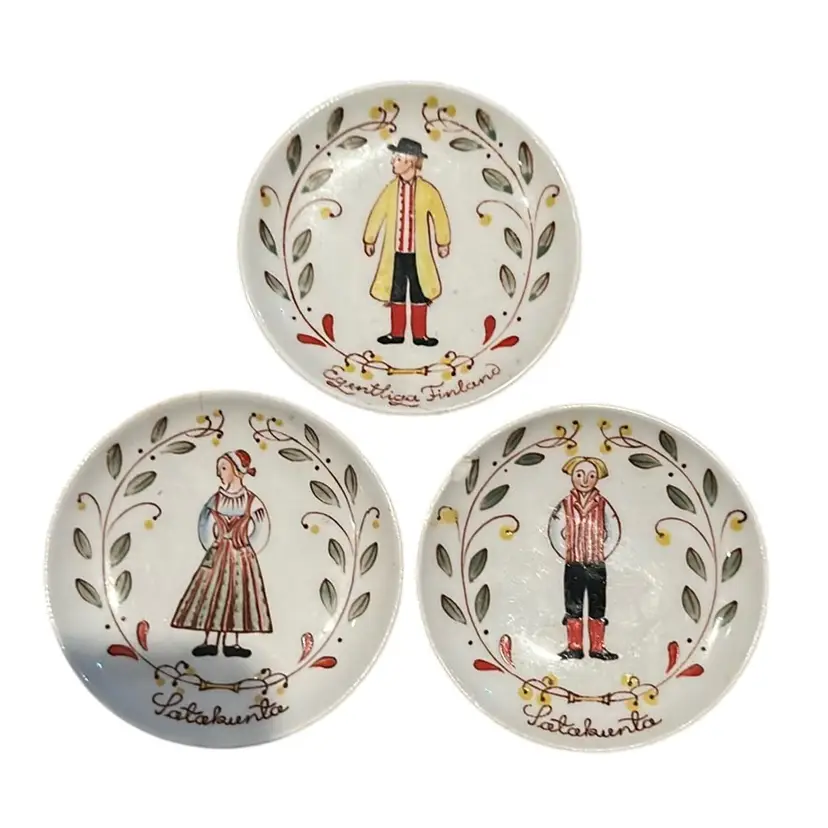 Set Of 3 Arabia Finland Folk Art Plates One Is Chipped