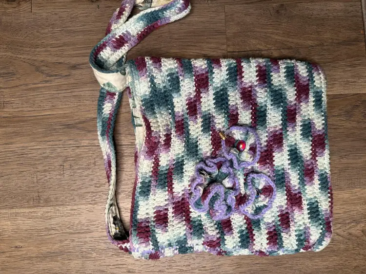 Crochet Purse Shoulder Handbag Purple Green White Floral Lining