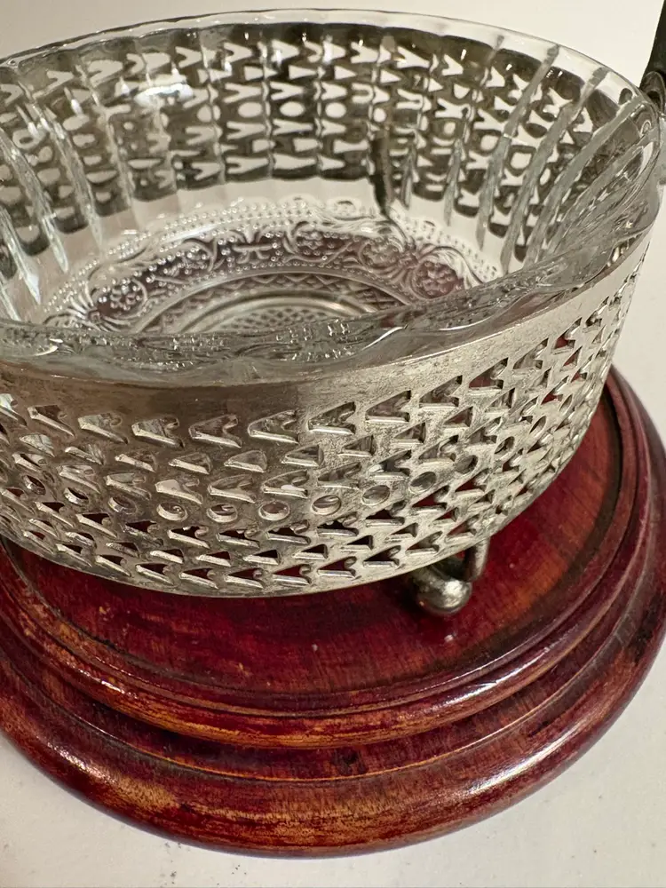 Vintage glass bowl with Silver Plated Basket To Hold Nuts, Candy, Relish.