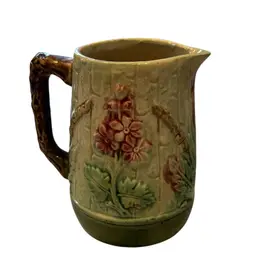 Antique 19th C. Majolica Art Nouveau Pottery Creamer Pitcher Flowers 5”